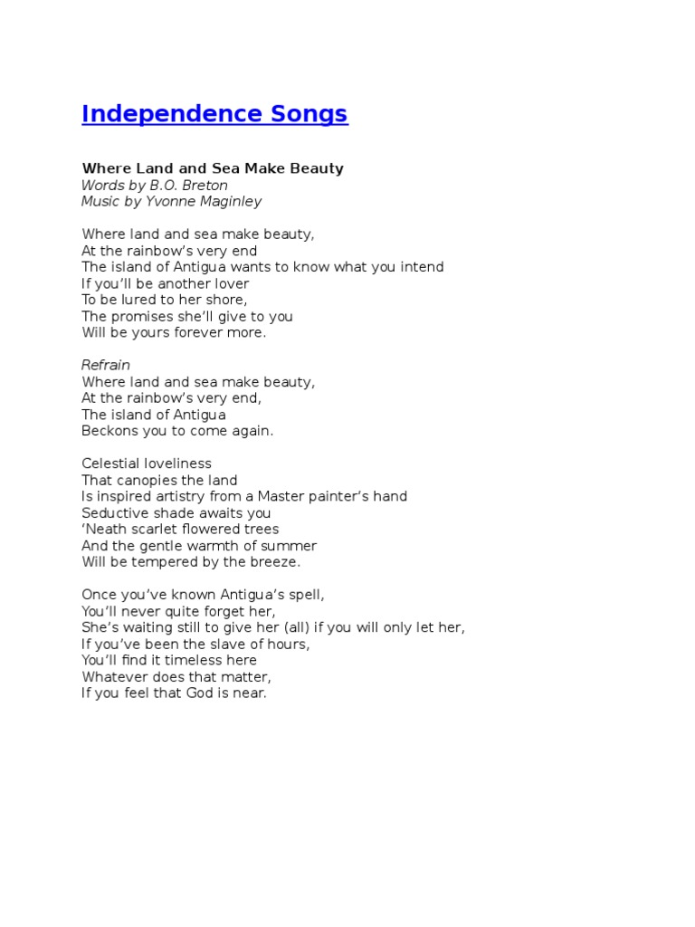 Independence Songs Where Land and Sea Make Beauty
