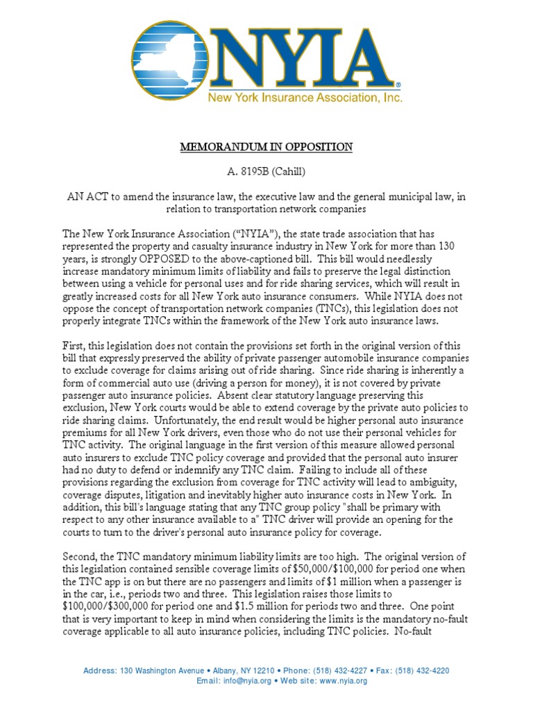 NYIA Opp Memo to A8195B (Cahill) Authorize TNC Insurance