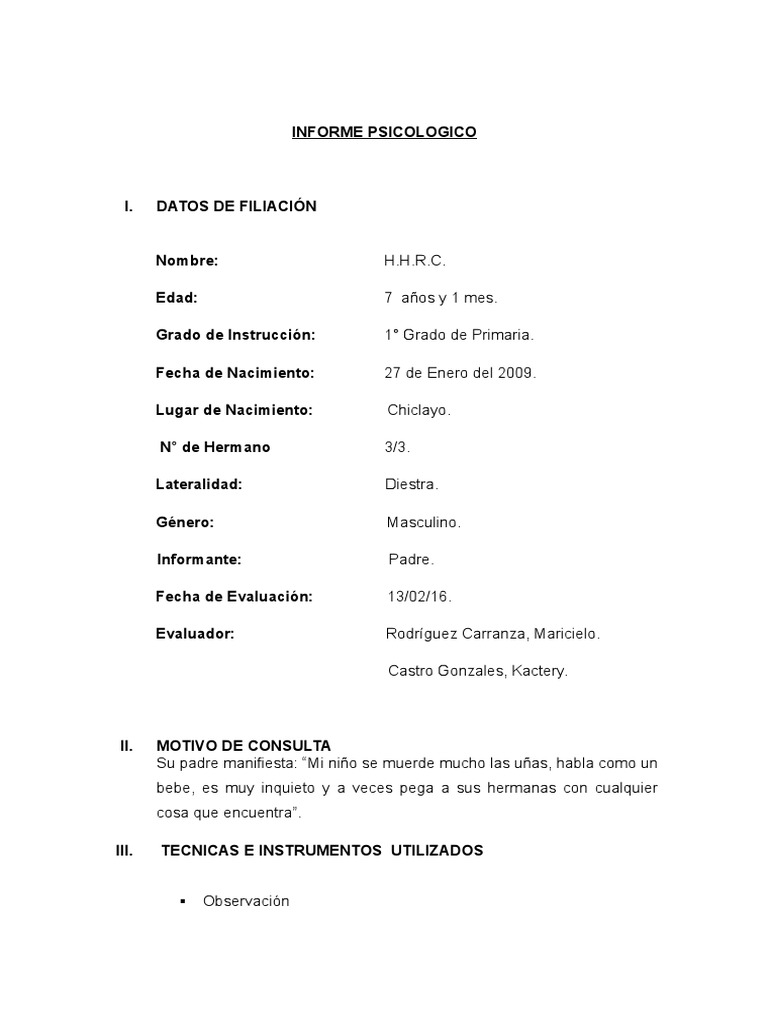 Informe Psicologico de Un Niño | PDF | Las emociones | Comportamiento