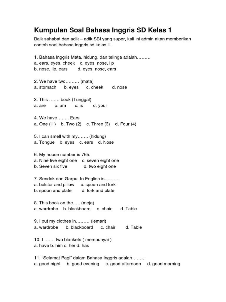 Kumpulan Soal Bahasa Inggris SD Kelas 1 PDF