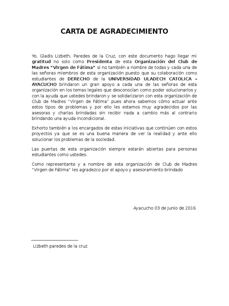 Agradecimiento del Club de Madres Virgen de Fátima | PDF | Ciencias ...