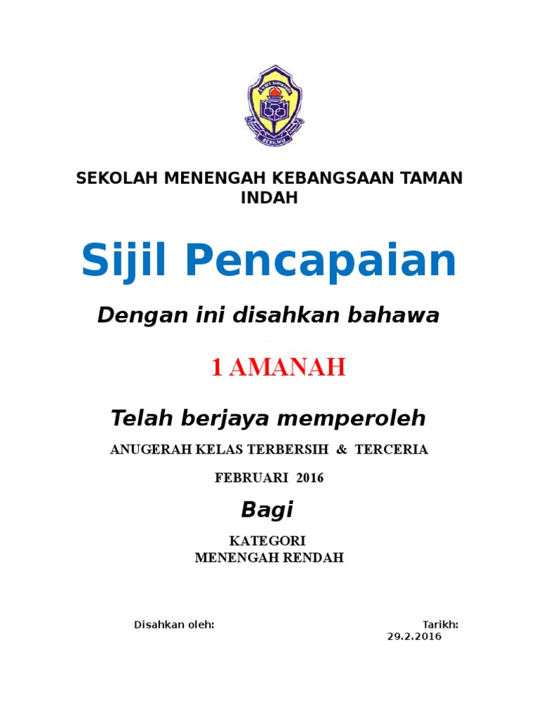 Sijil Kelas Terbersih Pdf
