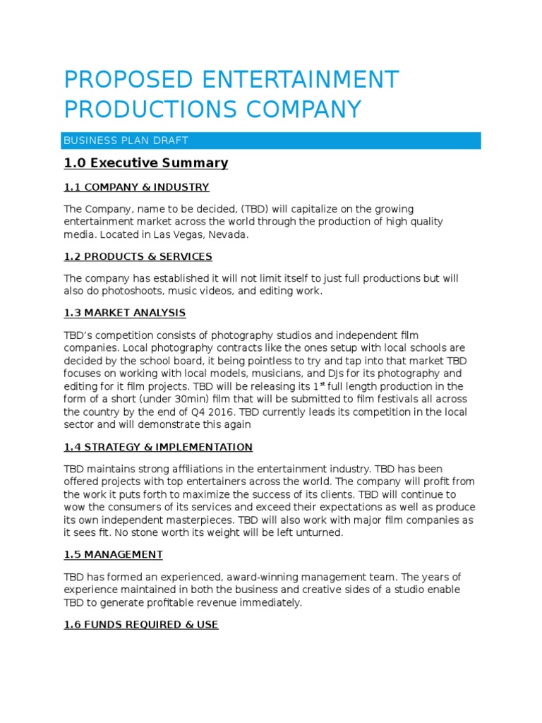 sample business plan for media production company