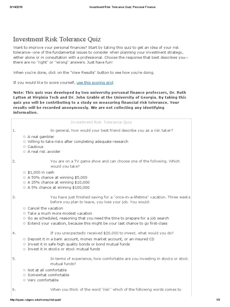 Investment Risk Tolerance Assessment | PDF | Bonds (Finance) | Mutual Funds
