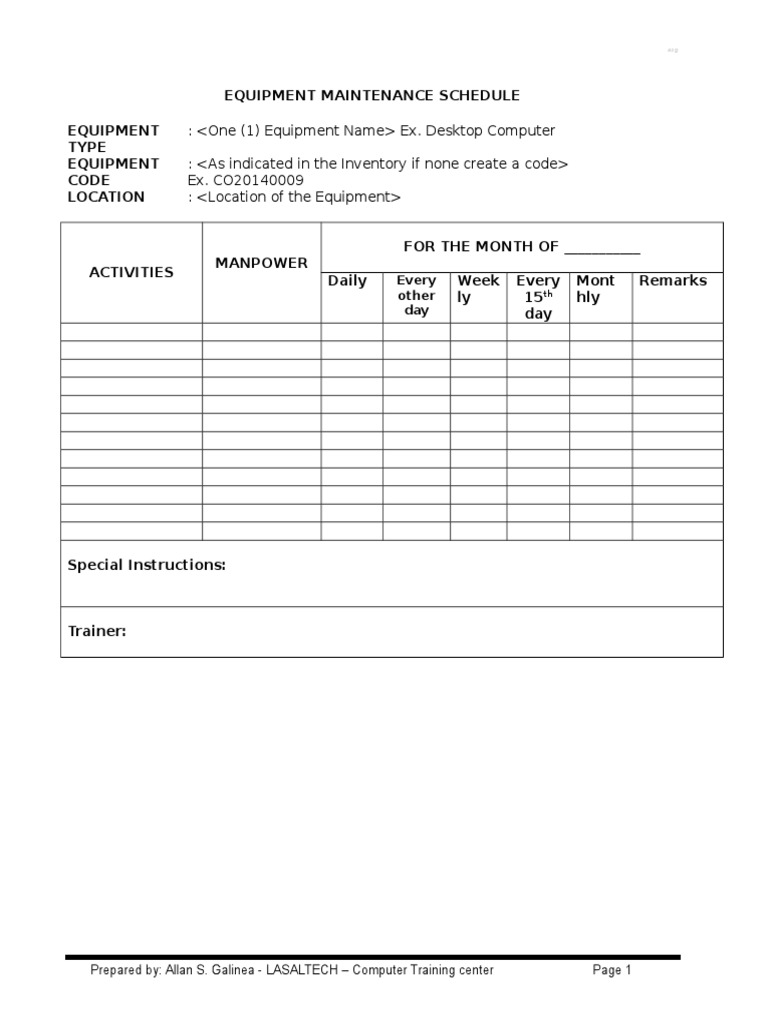 Equipment Maintenance Schedule Template | PDF | Finance & Money Management