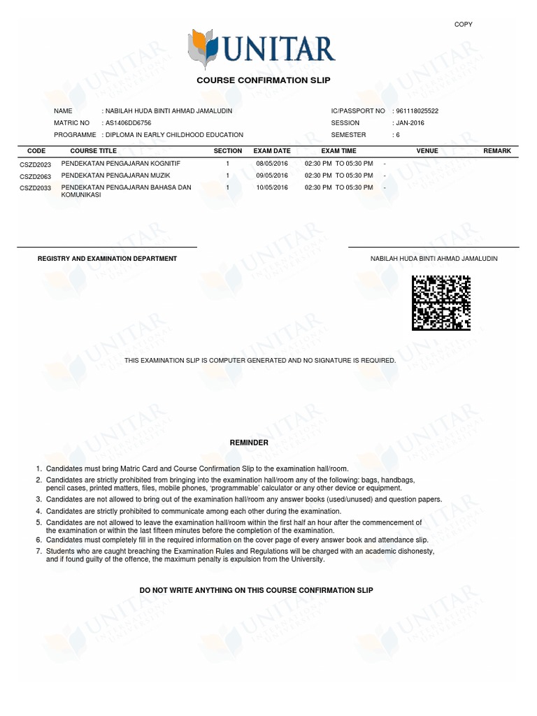 Course Confirmation Slip for Exams | PDF