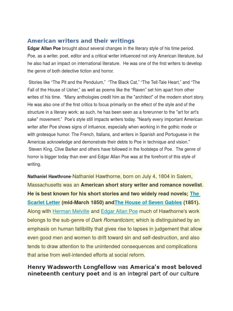 Influential American Writers and Their Works | PDF | Edgar Allan Poe ...