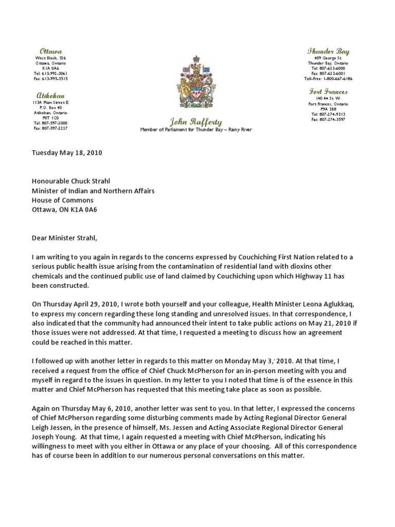 Letter To Minister Chuck Strahl - May 18, 2010 | PDF | First Nations ...