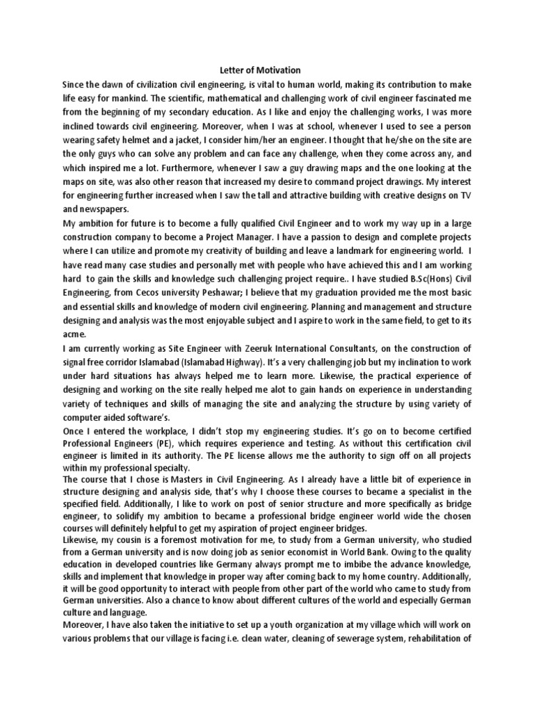 Letter Of Motivation For Civil Engineer Engineering Motivation