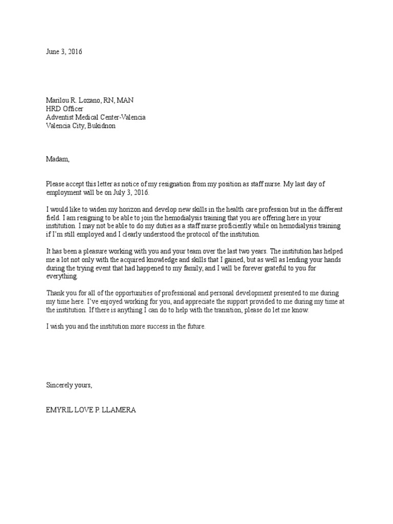 Resignation Letter Nursing Health Care