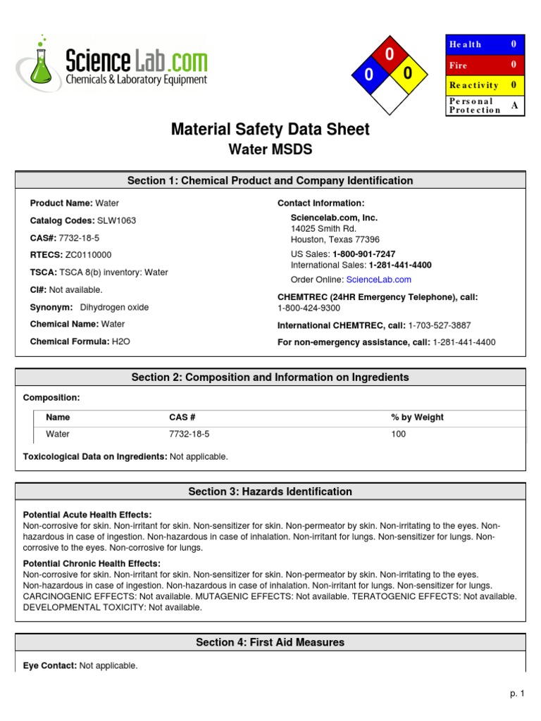 MSDS H2O Toxicity Flammability