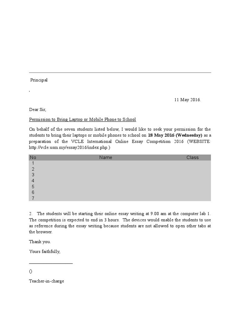 Permission to Bring Laptop Mobile Phone to School TEMPLATE
