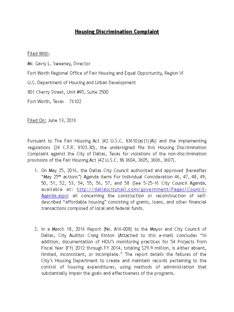 Housing Discrimination Complaint 61316 Housing Discrimination