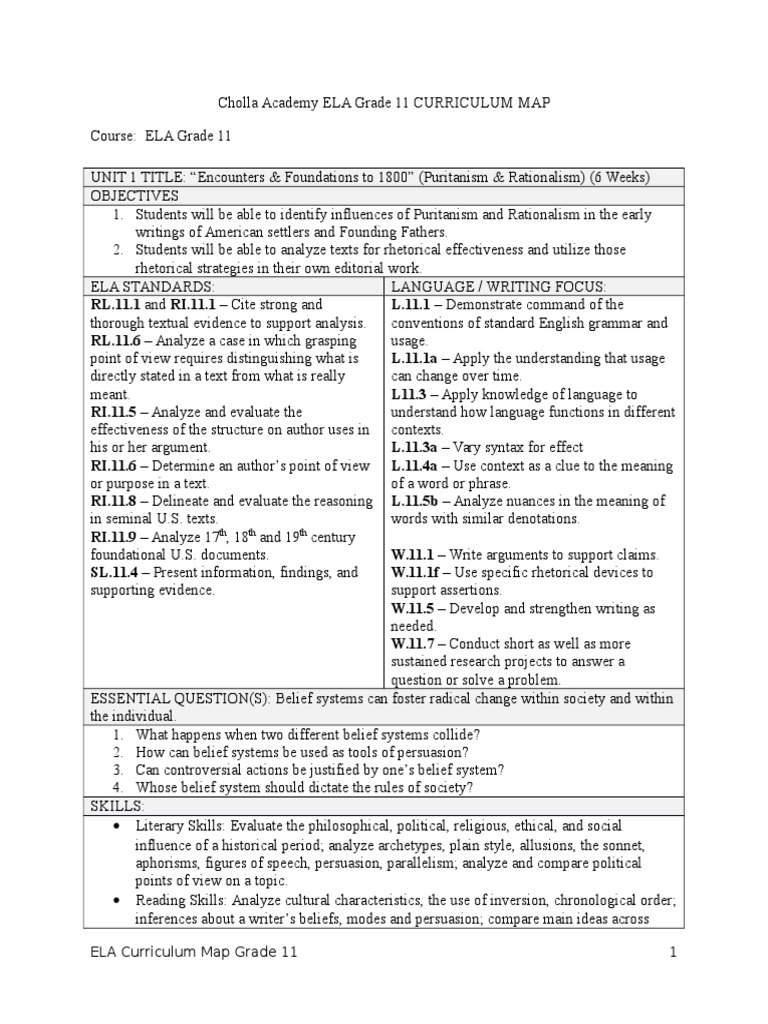 grade 11 ela curriculum map Essays Reading Comprehension Prueba