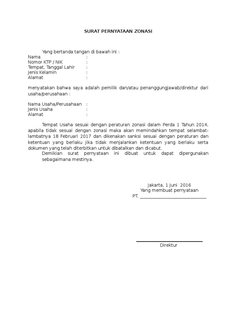 Surat Pernyataan Zonasi
