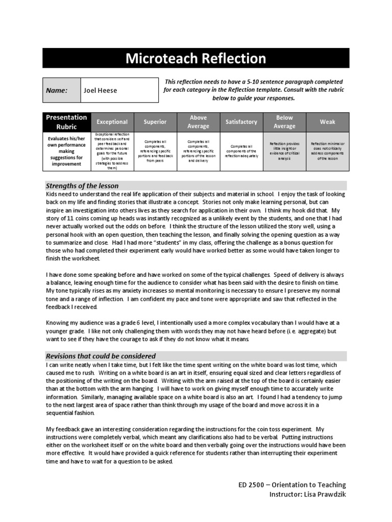 Joel Heese Microteach Reflection 2016 | PDF | Rubric (Academic ...