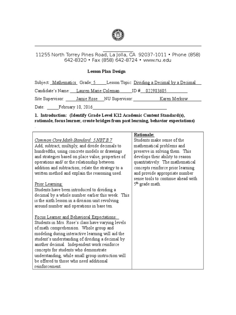 5th Grade Decimal Division Lesson Plan | PDF | Division (Mathematics ...
