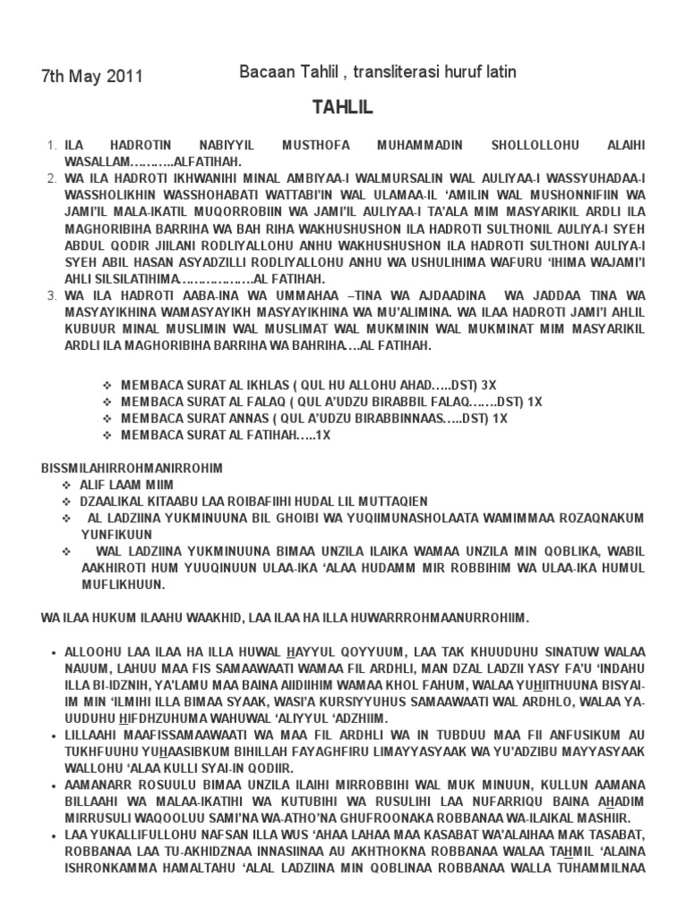 Bacaan Tahlil Transliterasi Huruf Latin