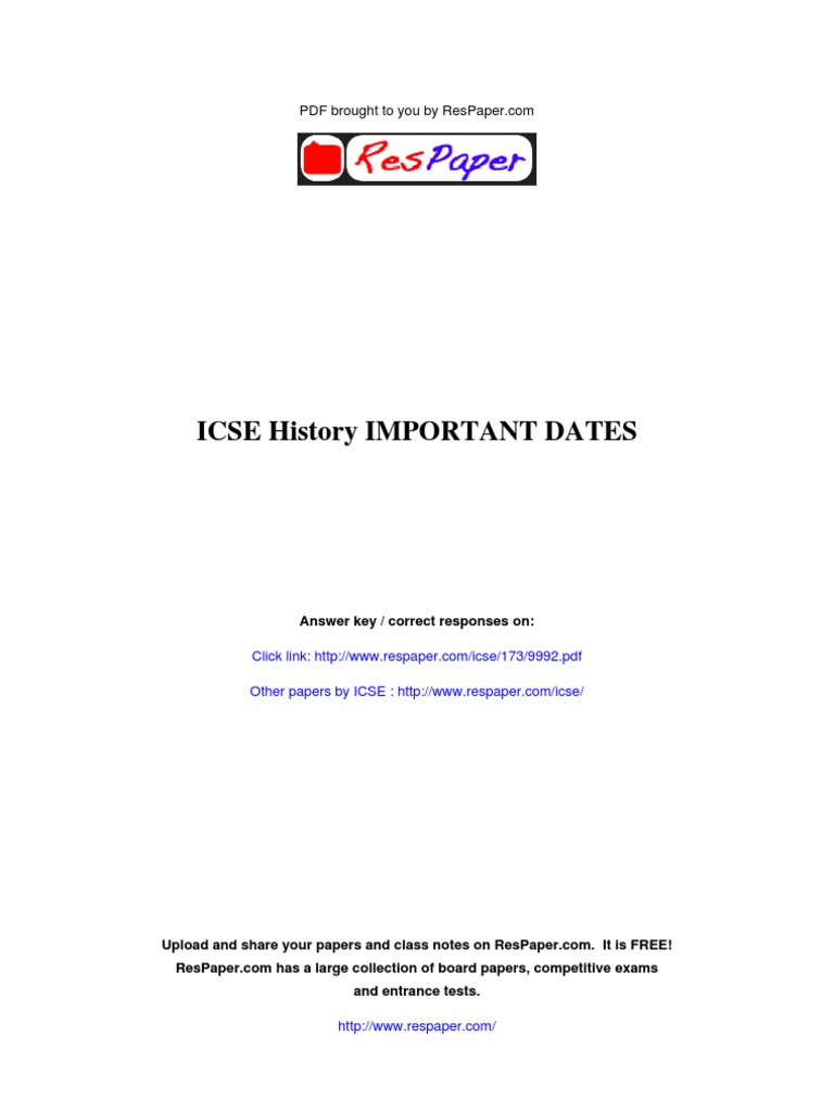 ICSE History IMPORTANT DATES Reference Sheet PDF