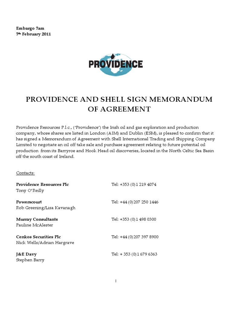 Providence Signs Agreement with Shell | PDF | Petroleum | Natural Gas