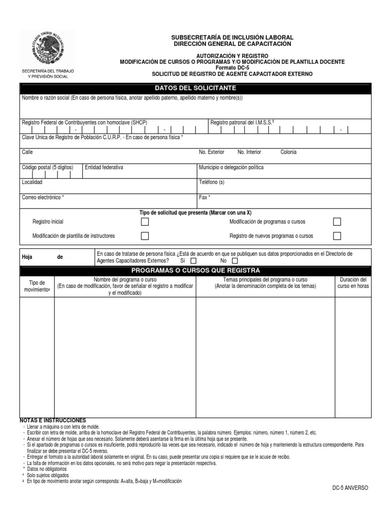 Formato DC-5 SOLICITUD DE REGISTRO DE AGENTE CAPACITADOR EXTERNO | PDF ...