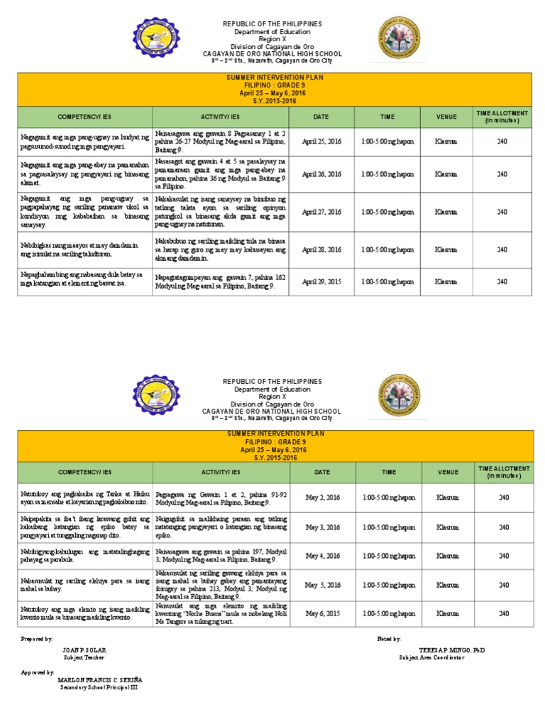 Summer Intervention Plan For Filipino 9 | PDF