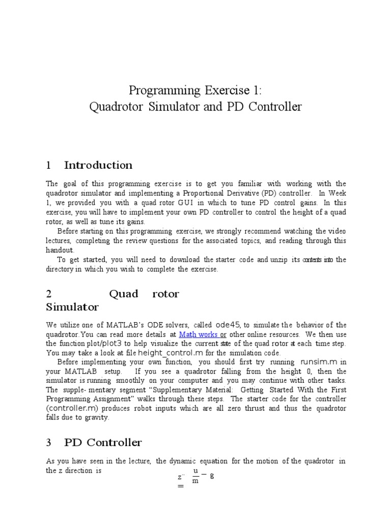Quadrotor PD Controller Exercise | PDF | Quadcopter | Simulation