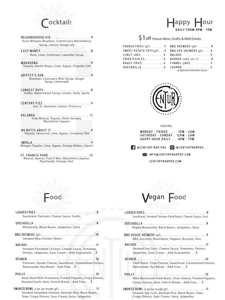 Century Bar Opening Day Food and Drink Menus 6.17.16