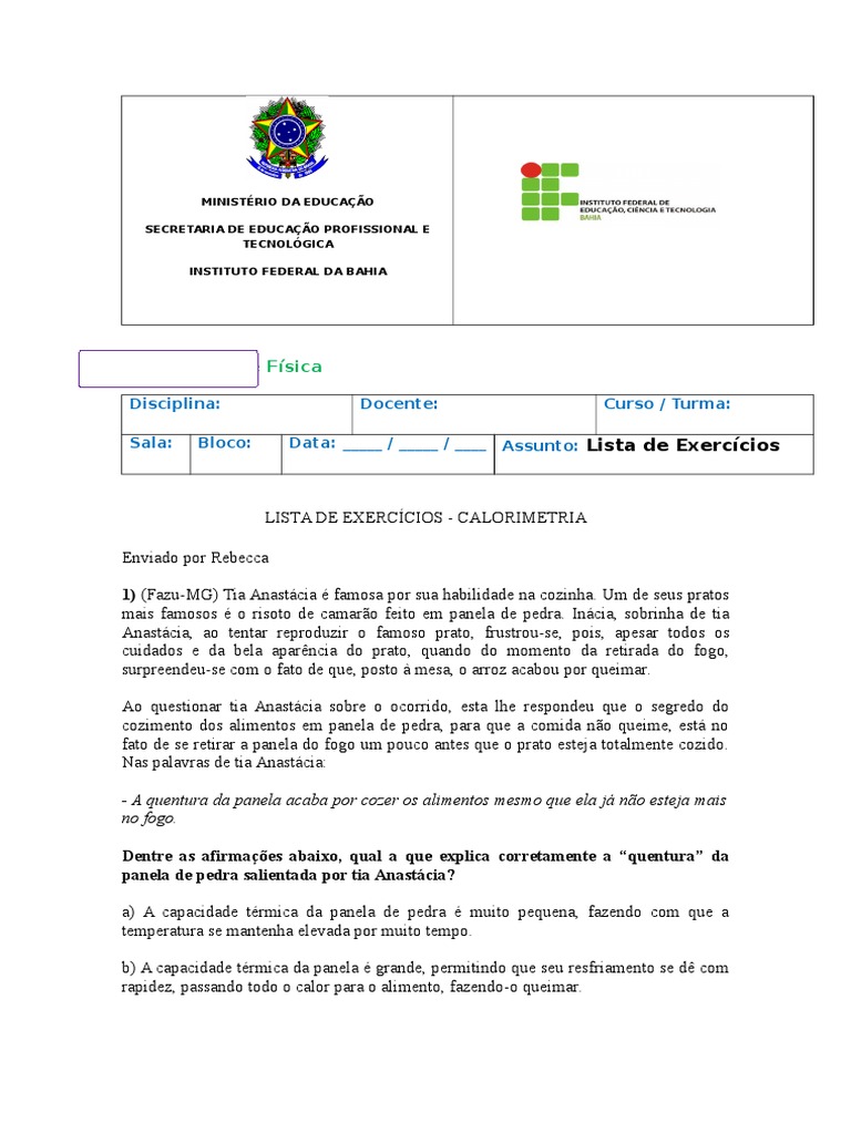 Lista de Exercícios de Calorimetria | PDF | Calor | Capacidade térmica