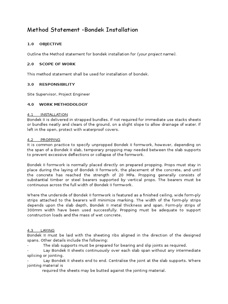 Bondek Installation Method Statement | PDF | Welding | Construction