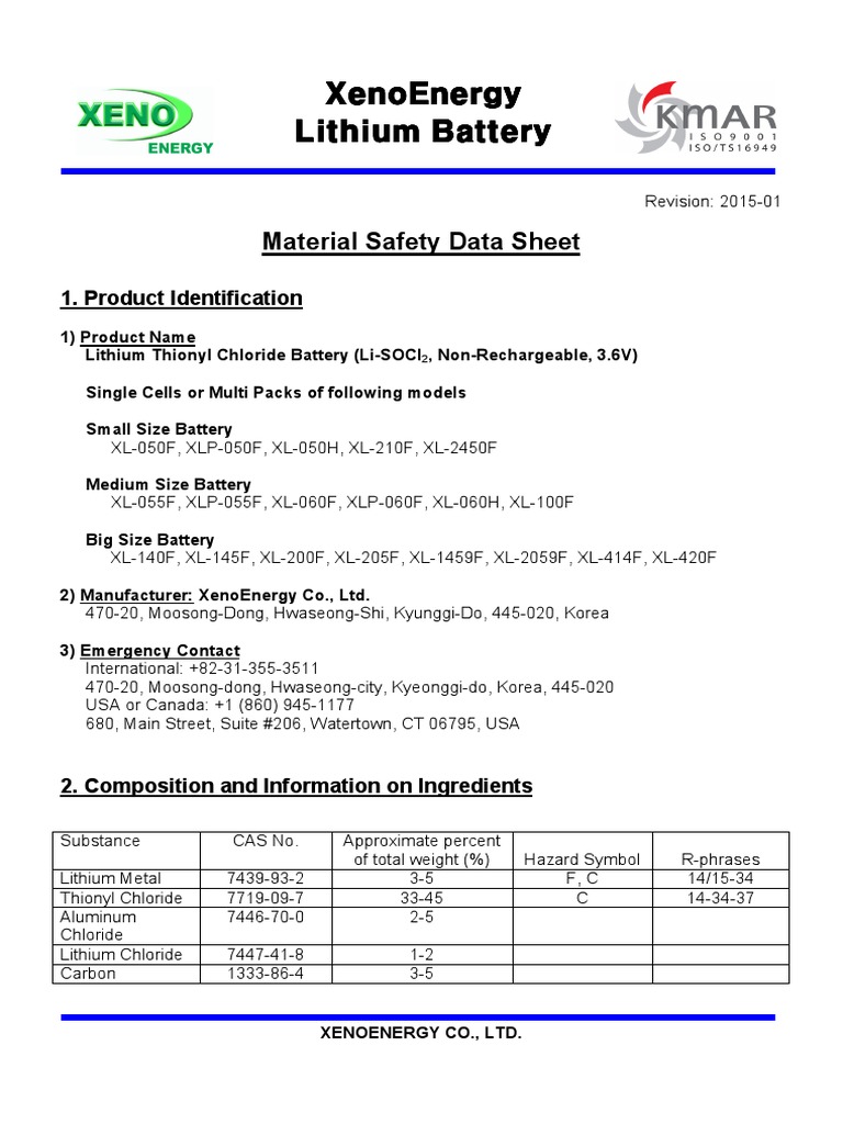 XenoEnergy Material Safety Data Sheet E PDF Battery (Electricity