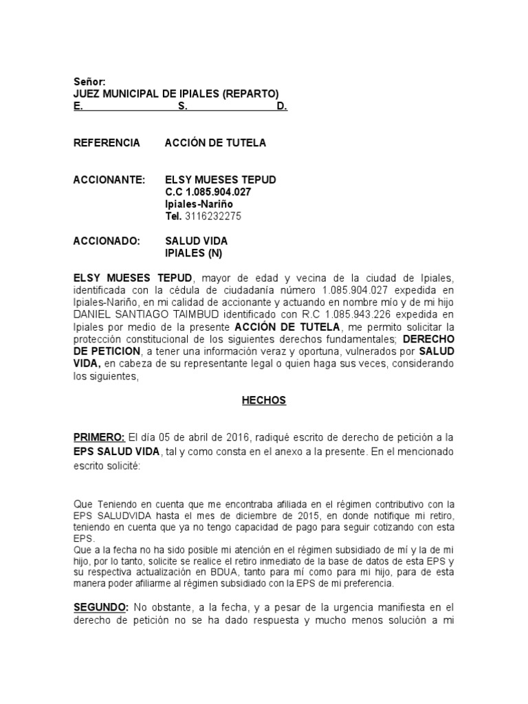 Modelo de Acción de Tutela por Petición | PDF | Constitución | Virtud