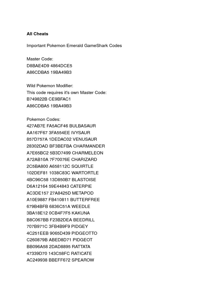 Pokemon Emerald Gba Gameshark Codes Pdf Artificial Mythology Nintendo