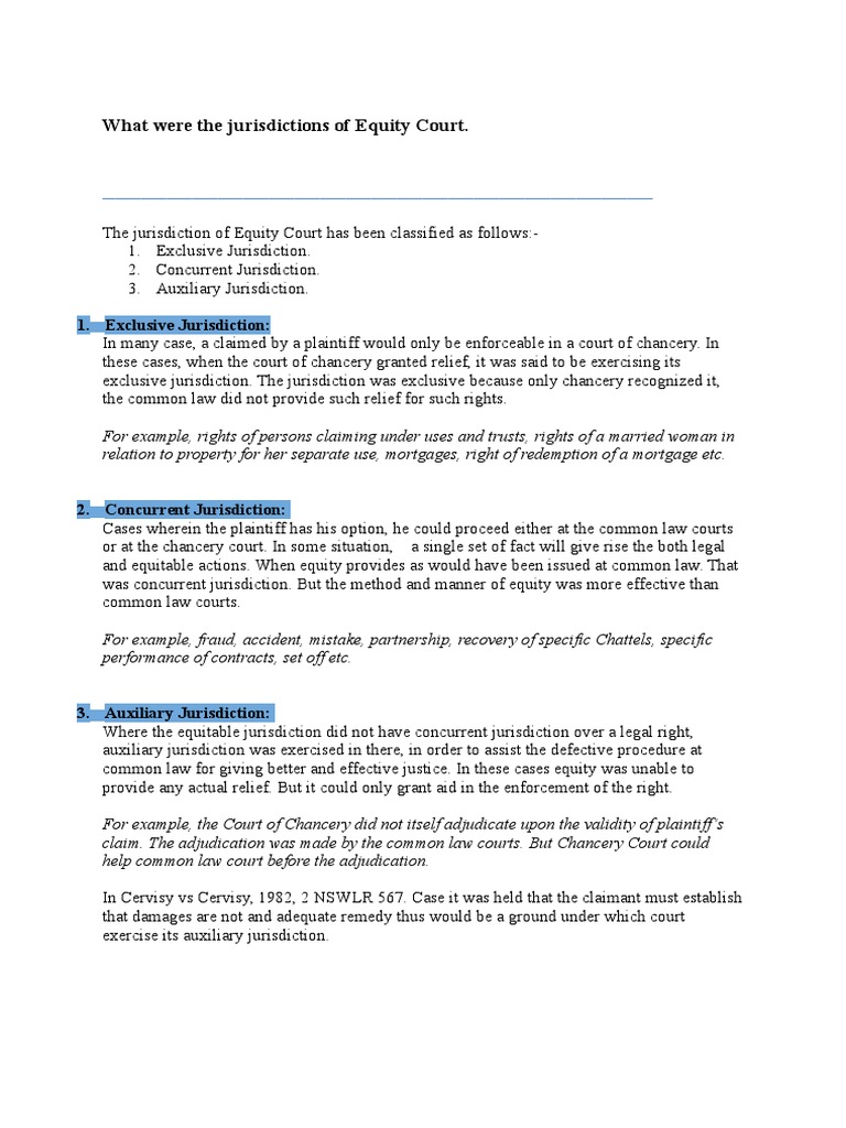 What Were The Jurisdictions of Equity Court. | PDF