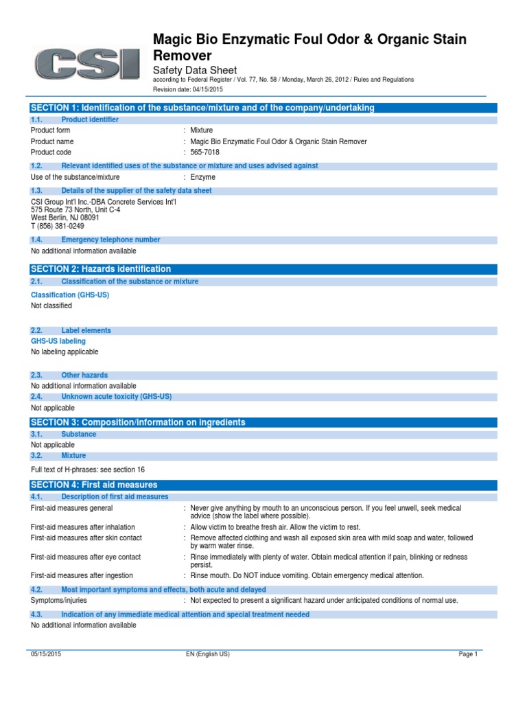 565 7018 Magic Bio Enzymatic Foul Odor Organic Stain Remover SDS | PDF