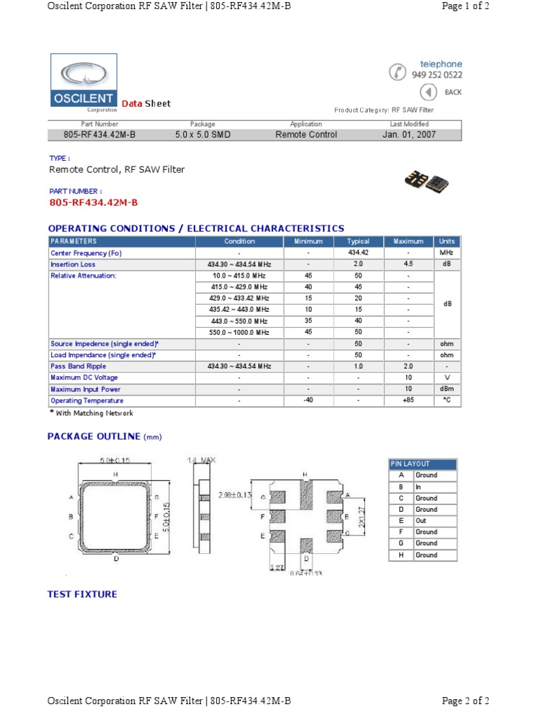 805 RF434.42M B | PDF | Filter (Signal Processing) | Electronic Engineering