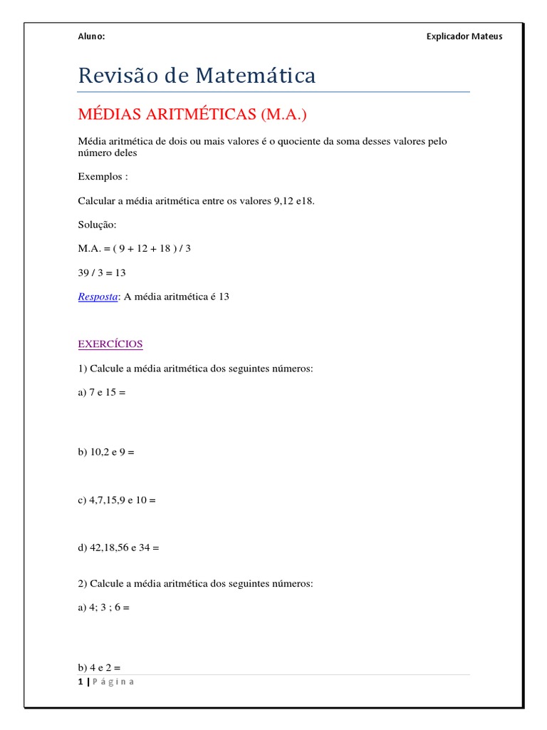 Exercícios de Média Aritmética e Ponderada | PDF | Média aritmética ...
