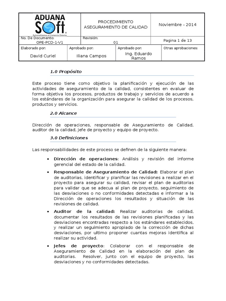 Procedimiento de Aseguramiento de Calidad | PDF | Contralor | Calidad ...