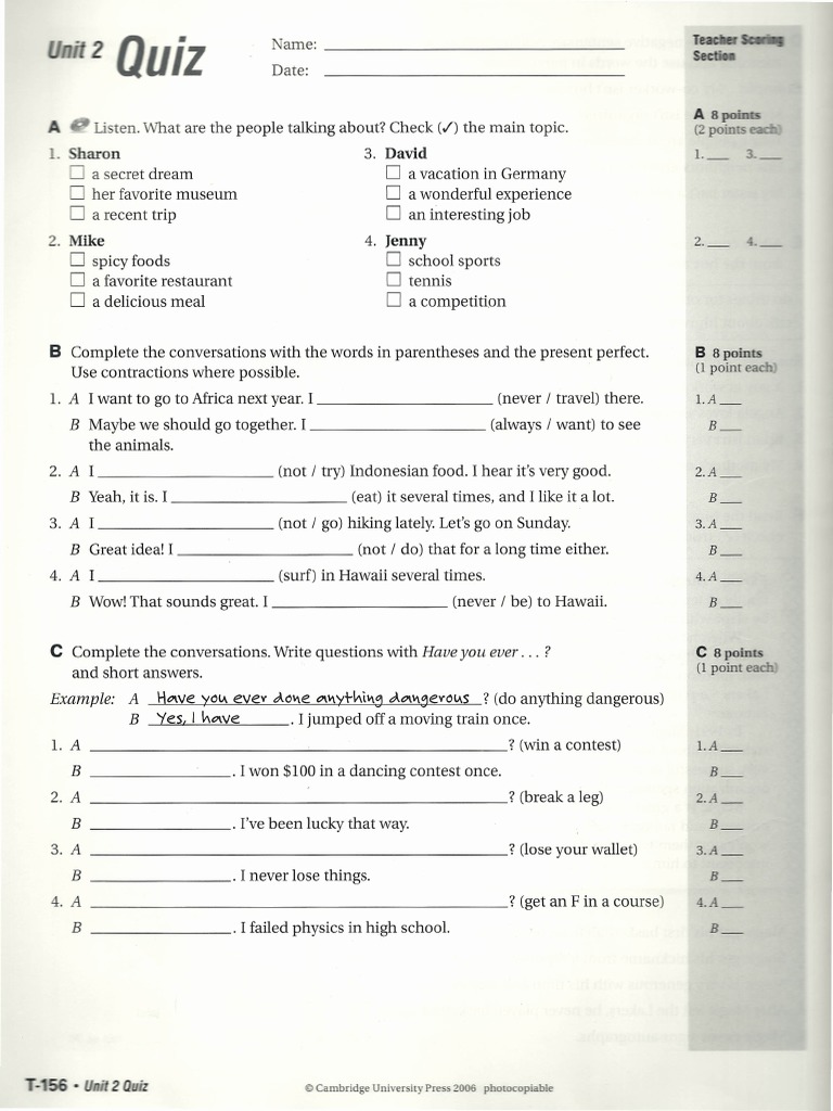 Touchstone 3 Quiz Unit 2