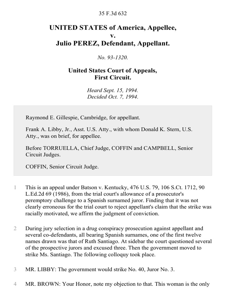 United States v. Perez, 35 F.3d 632, 1st Cir. (1994) PDF Batson V. Kentucky Peremptory