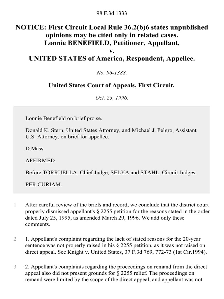 Benefield v. United States, 98 F.3d 1333, 1st Cir. (1996) | PDF ...
