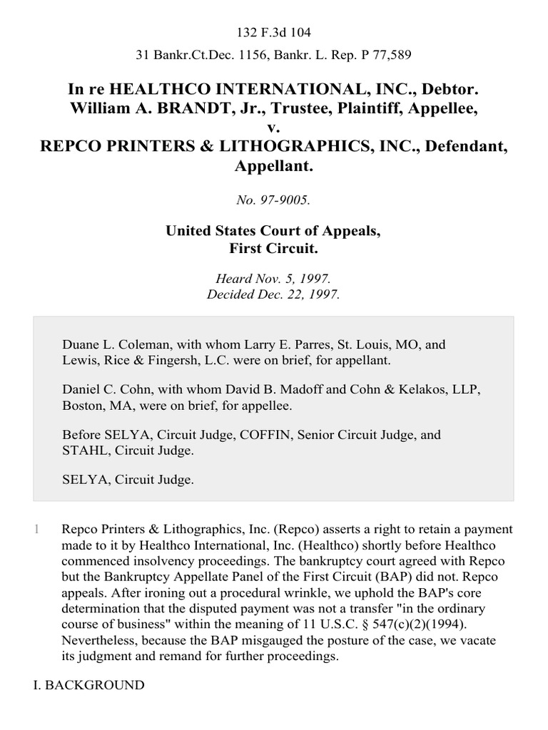 Healthco v. Repco Printers, 132 F.3d 104, 1st Cir. (1997) PDF Standard Of Review Bankruptcy