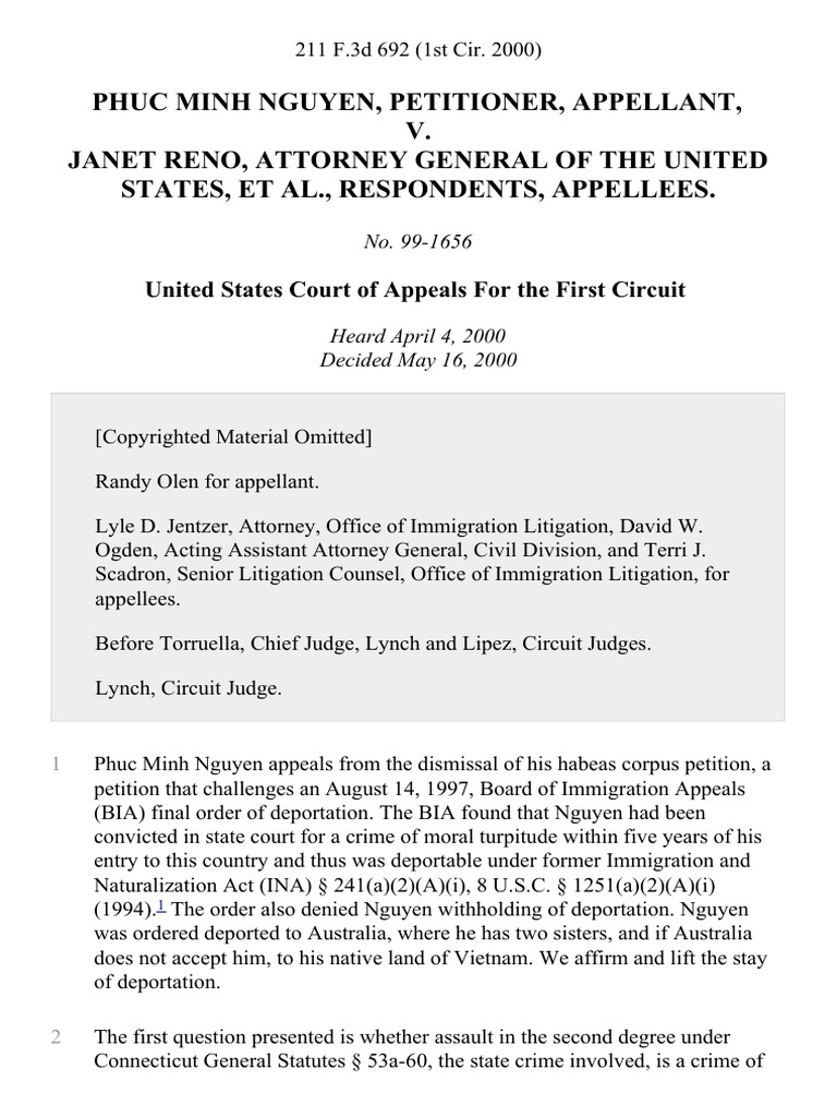 Nguyen v. Reno: Deportation Appeal Ruling | PDF | Aggravated Felony ...