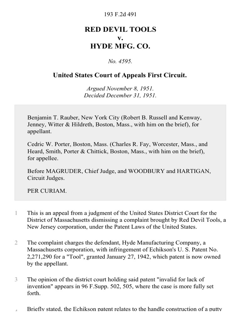 Red Devil Tools v. Hyde Mfg. Co, 193 F.2d 491, 1st Cir. (1951) | PDF ...