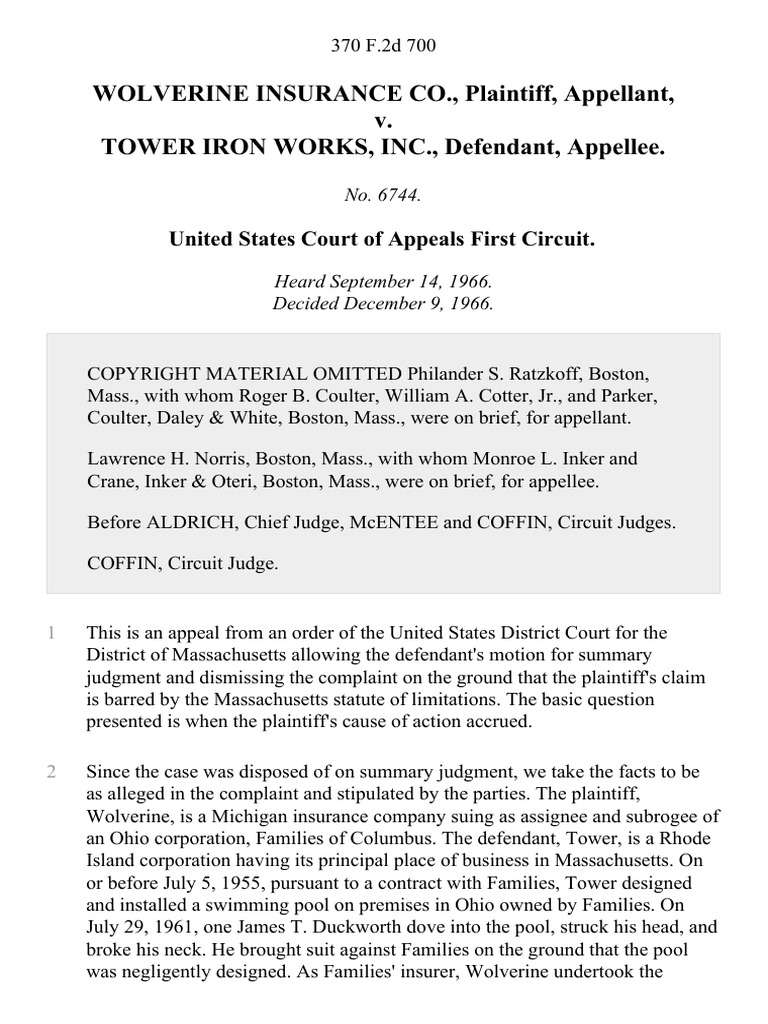 Wolverine Insurance Co. v. Tower Iron Works, Inc., 370 F.2d 700, 1st
