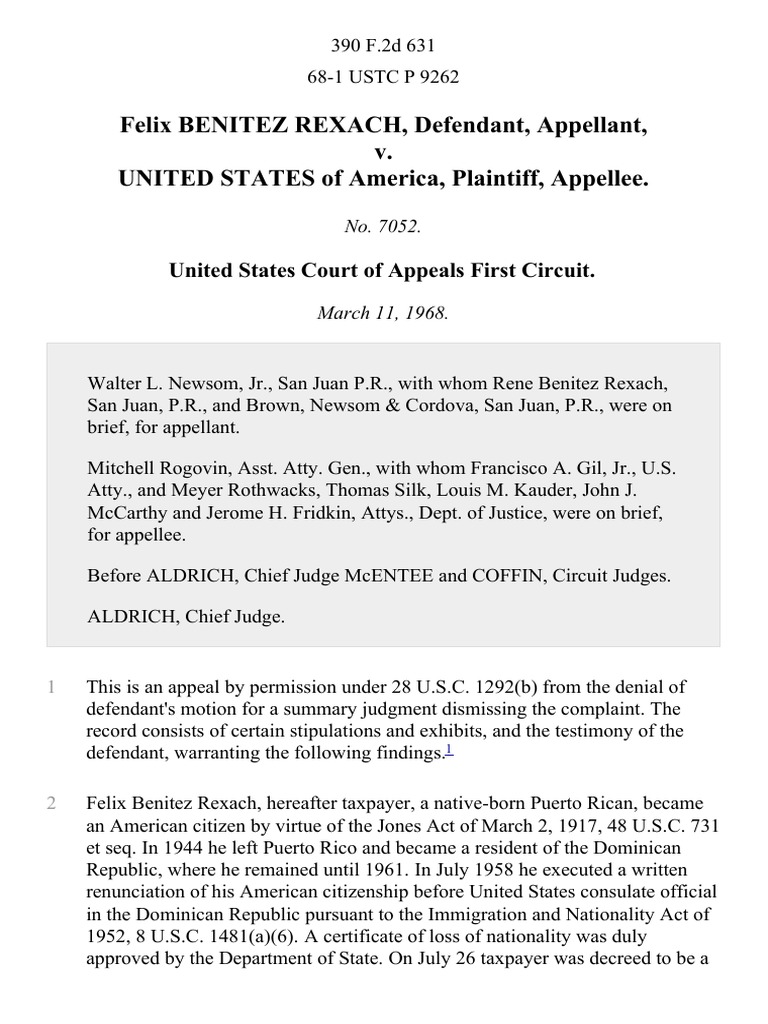 Felix Benitez Rexach V United States 390 F 2d 631 1st Cir 1968 Pdf Taxpayer Citizenship