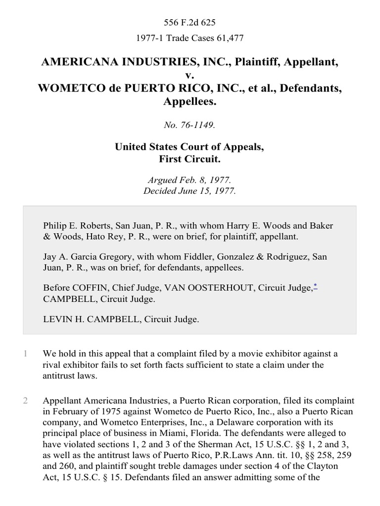 Americana Industries, Inc. v. Wometco de Puerto Rico, Inc., 556 F.2d ...