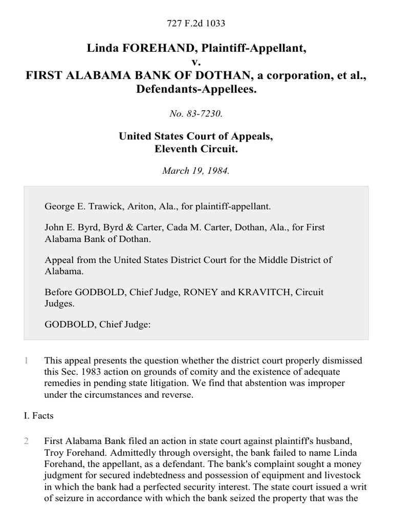 Linda FOREHAND, PlaintiffAppellant, v. FIRST ALABAMA BANK OF DOTHAN, a