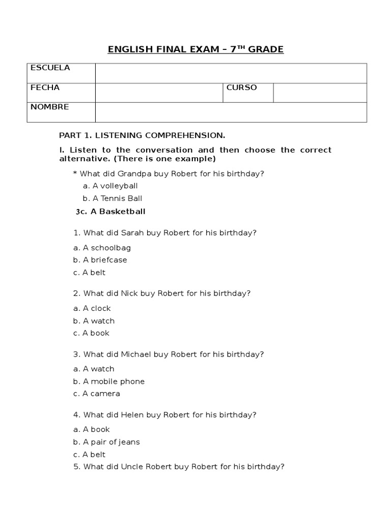 English Final Examm - 7th Grade | PDF | Soup | Pancake