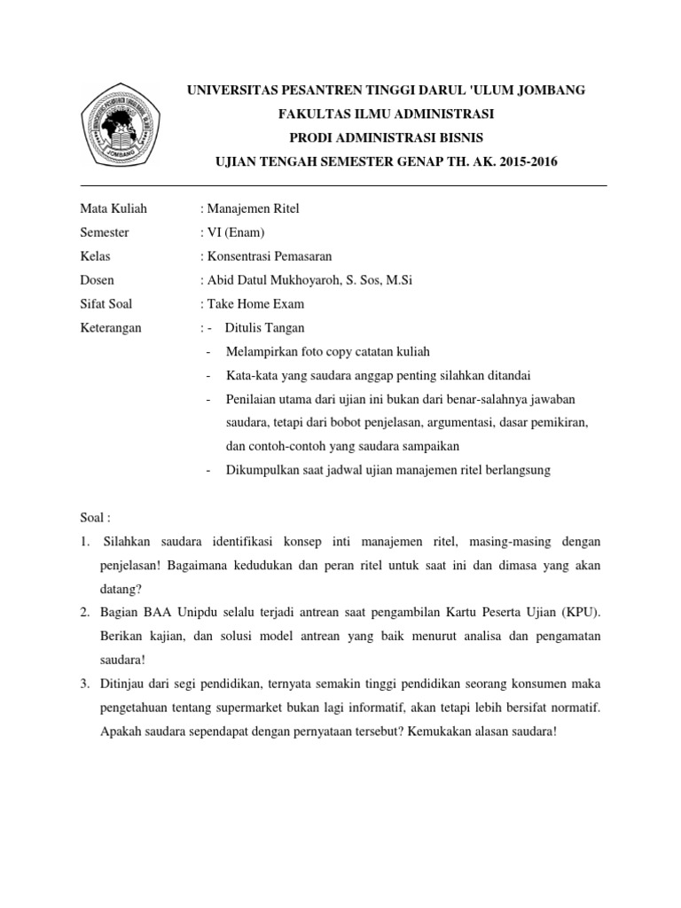 Soal Uts Manajemen Ritel